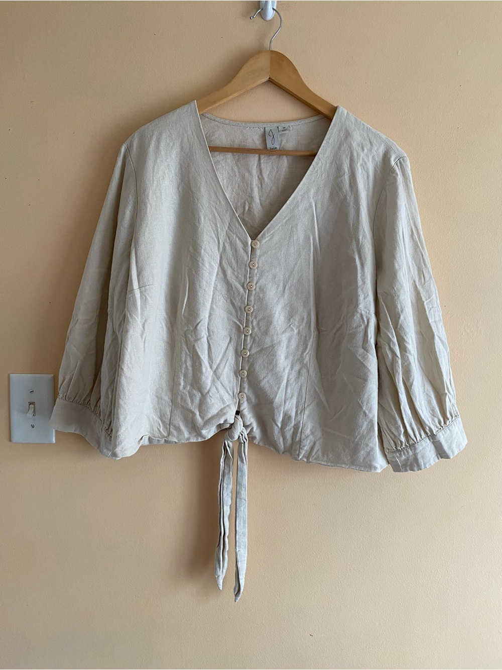 Joie Linen Blend Tie Front Blouse Woman 1X Beige Button Front Boho Top Softgirl - Picture 2 of 14